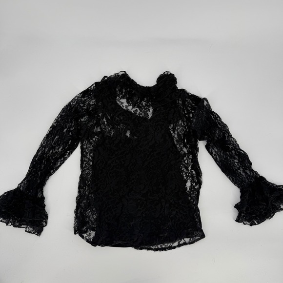 Y2K Black Lace Ruffle Goth Romantic Sheer Blouse Small Layered Fairy Grunge Top - Picture 7 of 13